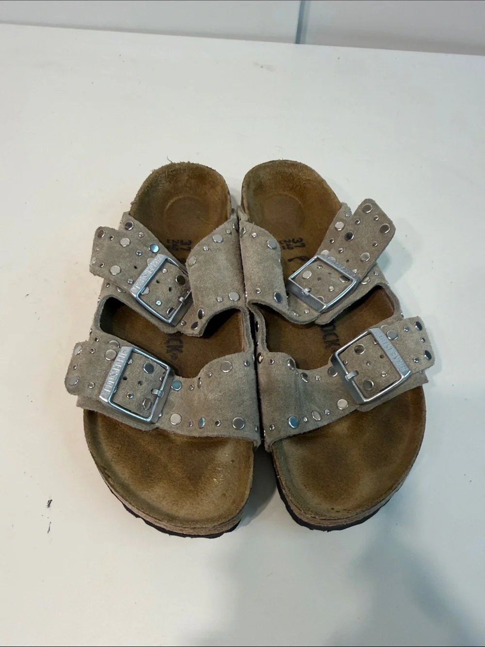 Gently used  Studded Double-Buckle Suede Birkenstock Sandals Taupe women’s 6